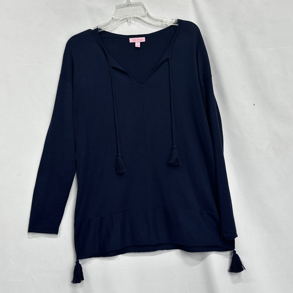 Lilly Pulitzer Women's‎ M Sweater Navy Blue Coastal Tassel V-Neck Lightweight